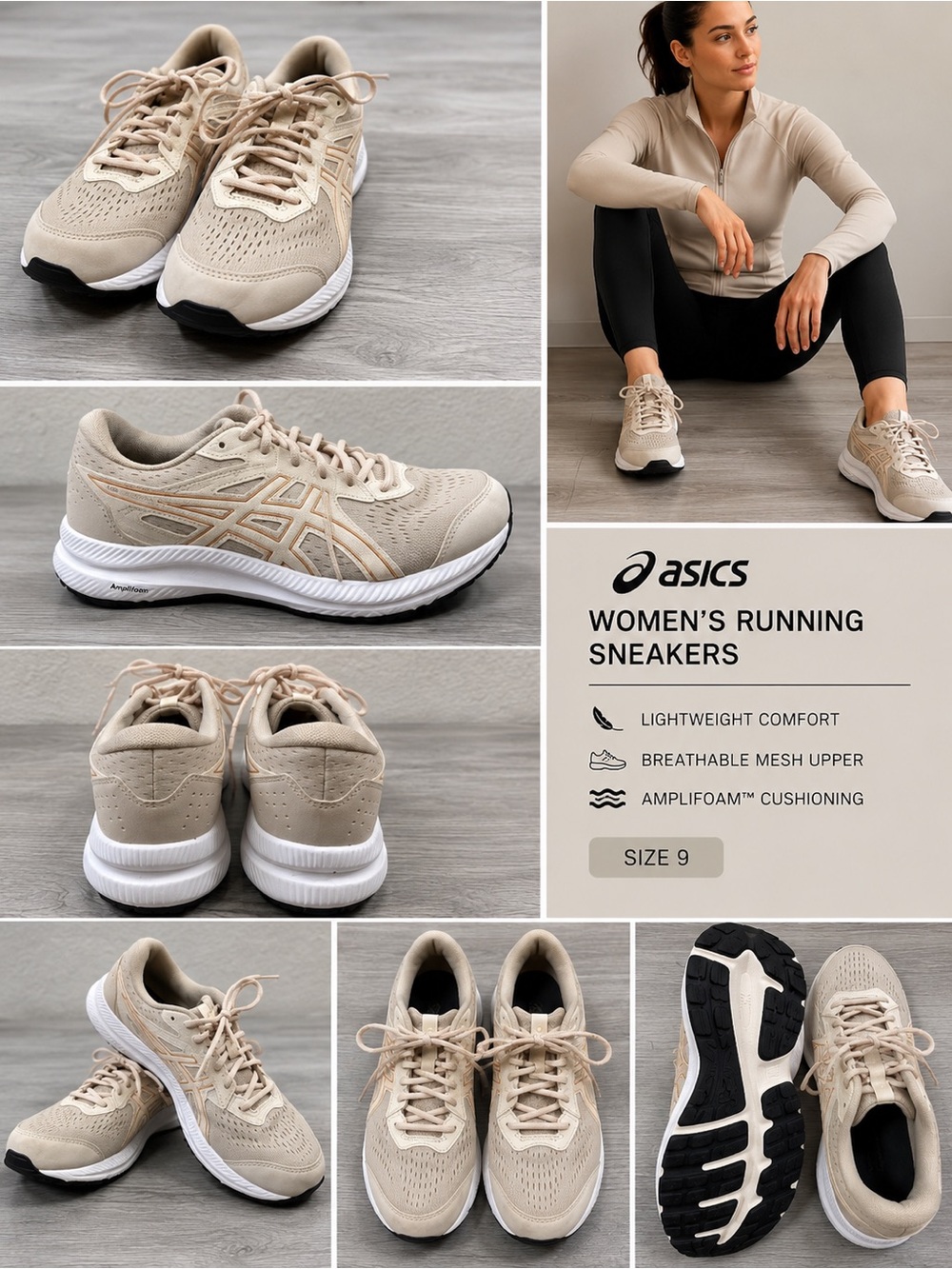 ASICS Women's Beige Running Sneakers - Lightweight Comfort Size 9